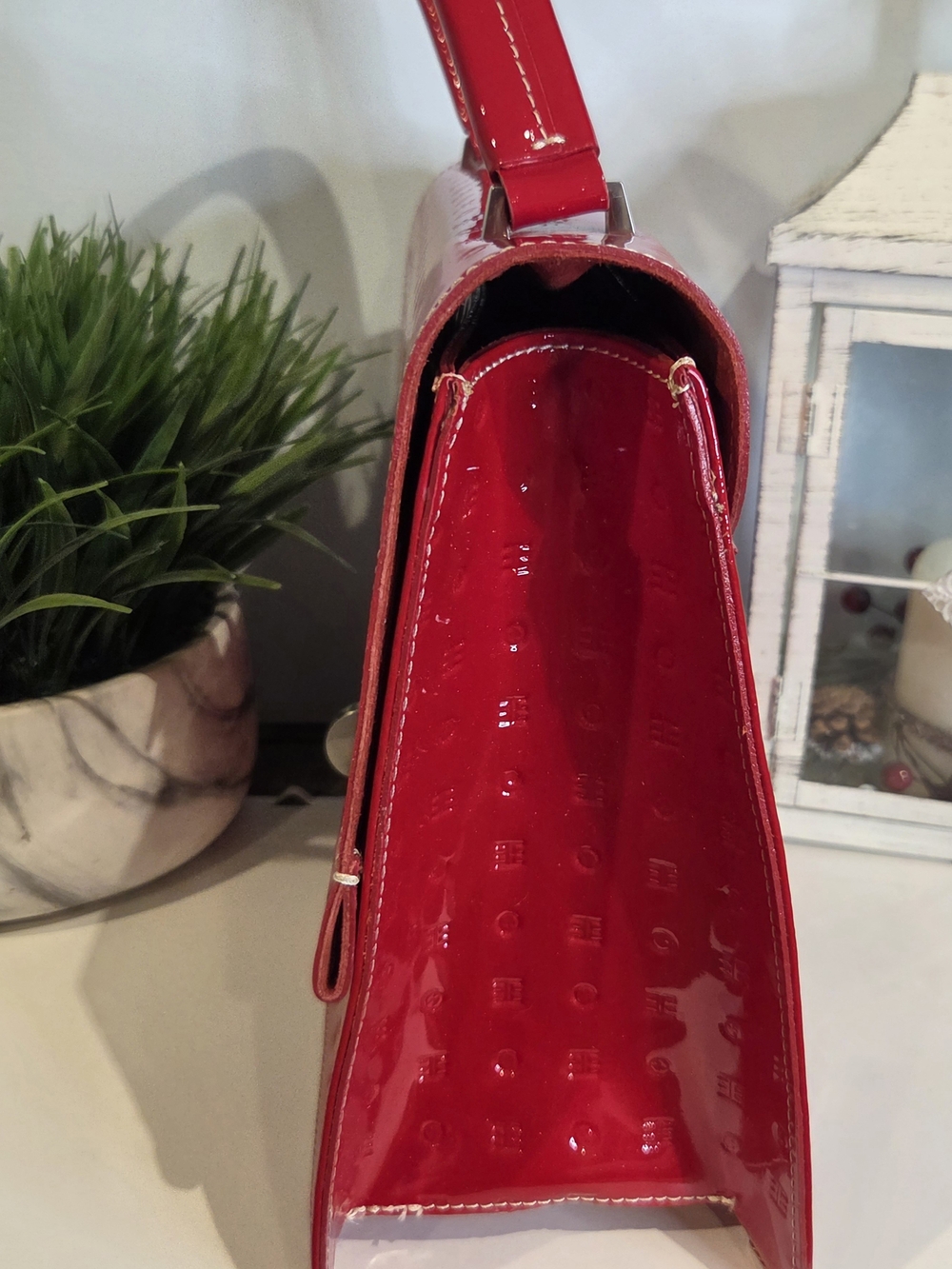Arcadia Red Patent Leather Embossed Logo Handbag - Made In Italy - Picture 5 of 16